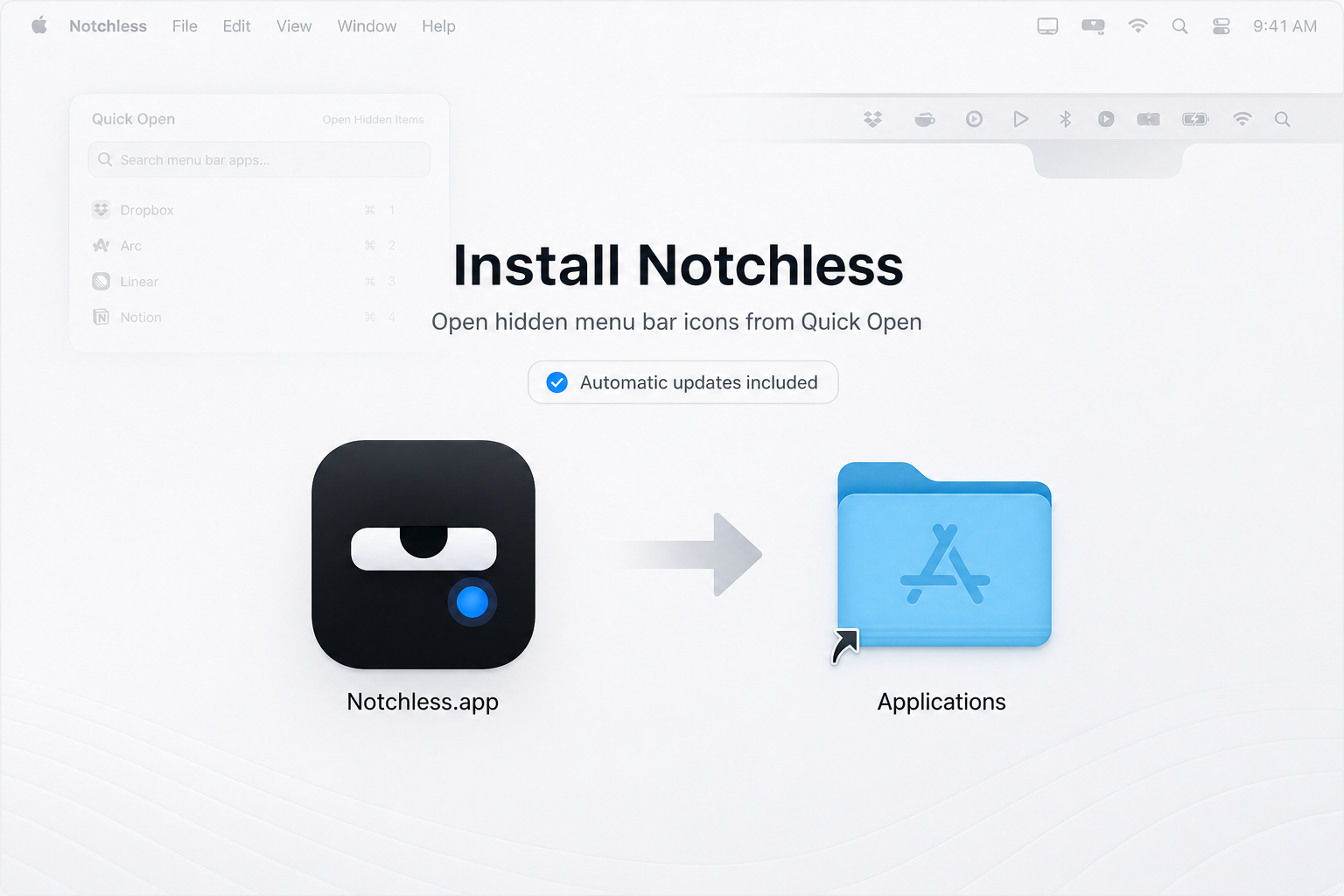 Notchless 安装示意图,展示 App 图标拖到“应用程序”文件夹