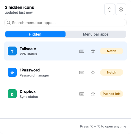 Notchless 面板展示被 MacBook 刘海挡住的菜单栏图标