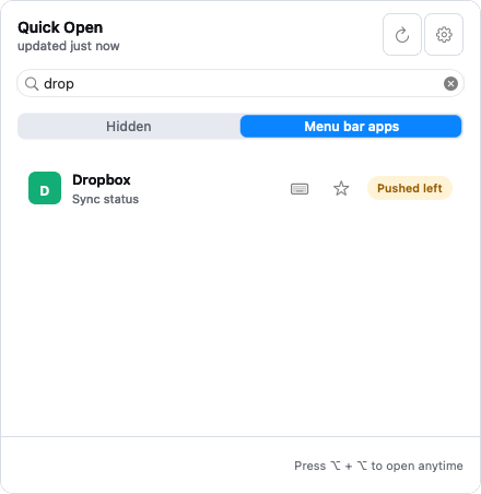 Notchless Quick Open 面板列出可见菜单栏 App